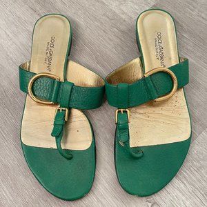 DOLCE & GABBANA Green Flats Slip-On Sandals Thongs Gold Buckle Size 37.5 / 7.5
